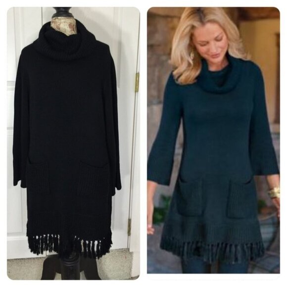 Soft Surroundings Sweater Dress Black Montreux Fringed Hem Cowl Neck w/Pockets - Picture 1 of 6